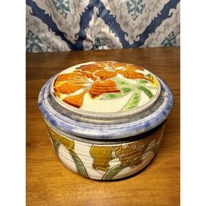 Vintage Studio Art Pottery Lidded Bowl Dish Floral Signed By Evelyn LaMers